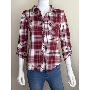 No Comment NY-LA Red Plaid Button Up Roll Tab Sleeve Shirt Small